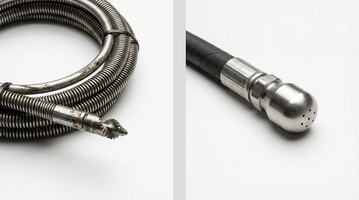 Drain snake cable and hydro jetting nozzle used for drain cleaning in Greensboro, AL