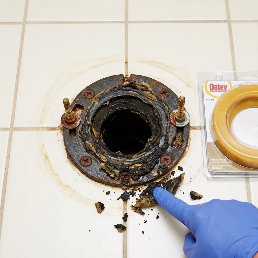 Failed wax ring showing water seepage at the base of a toilet in a Greensboro, AL home