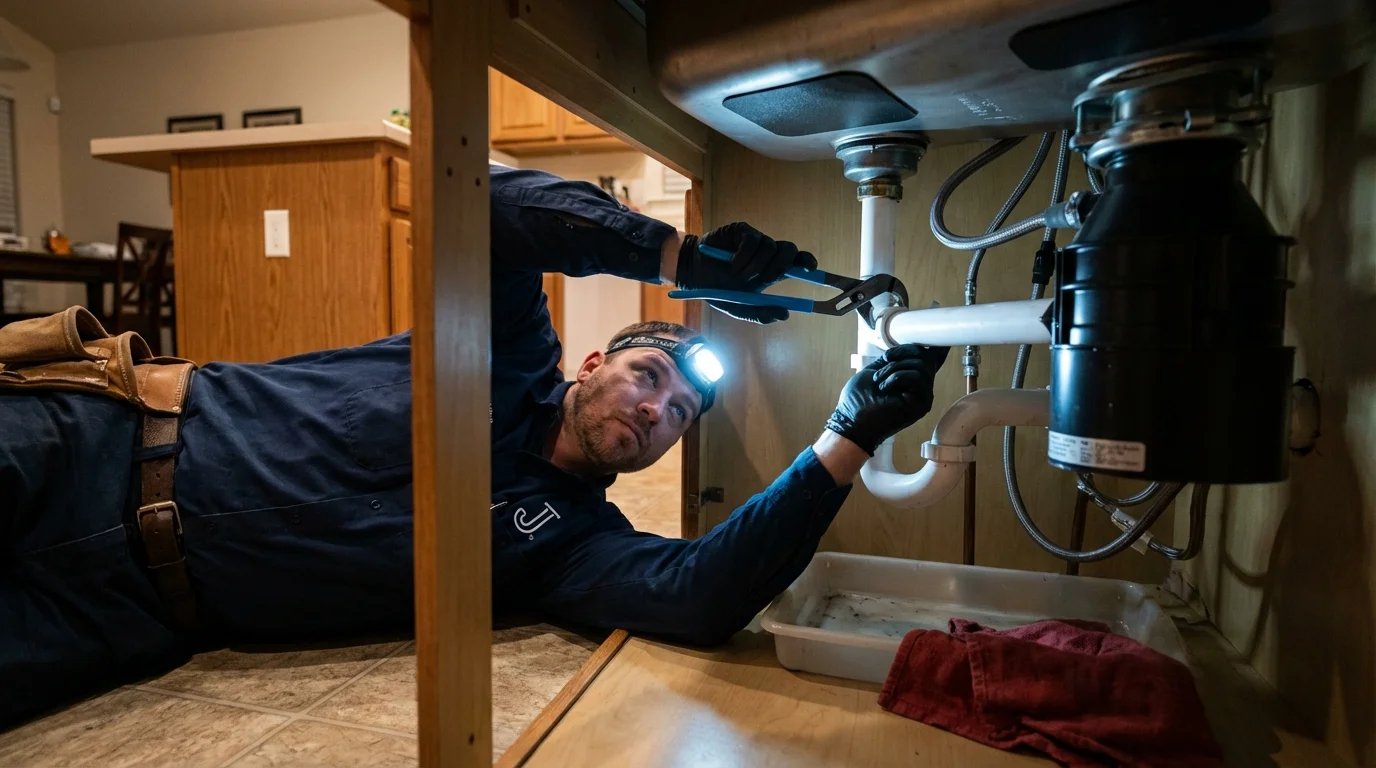 P-trap and supply line connections under a kitchen sink showing a common leak point in Greensboro, AL